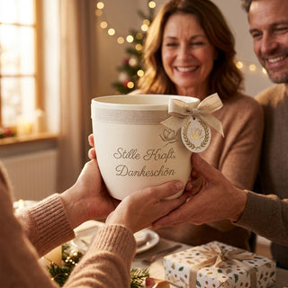 Personalisierter Blumentopf mit Gravur — Dankeschön Geschenk für Bestatterin — als persoenliche Geschenk-Uebergabe