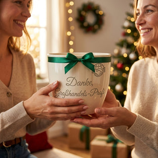Personalisierter Blumentopf mit Gravur — Geschenk Großhandelskaufmann Danke — als persoenliche Geschenk-Uebergabe