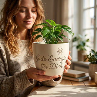 Geschenk für Feng Shui Beraterin – Blumentopf mit Gravur Gute Energie für Dich — im Wohnambiente