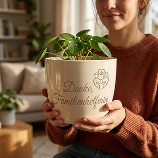 Personalisierter Blumentopf mit Gravur — Danke Geschenk Familienhelferin — im Wohnambiente