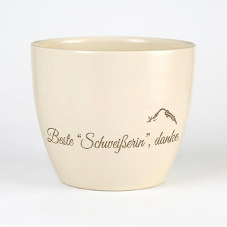 Personalisierter Blumentopf mit Gravur — Geschenk Schweißerin Danke — Detailansicht der Lasergravur