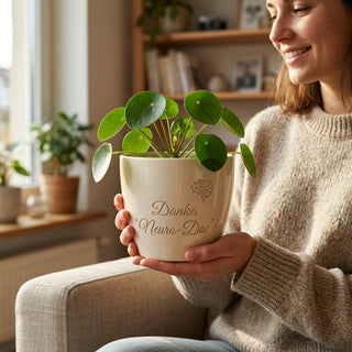Personalisierter Blumentopf mit Gravur — Danke Geschenk Neurologe — im Wohnambiente