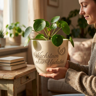 Personalisierter Blumentopf mit Gravur — Geschenk IT Administrator — im Wohnambiente