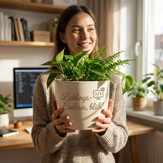 Personalisierter Blumentopf "Lieblings-Coderin" — Geschenk Programmiererin — im Wohnambiente