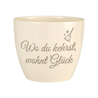Blumentopf „Wo du kehrst, wohnt Glück“ — Geschenk Schornsteinfeger Berufung — Detailansicht der Lasergravur