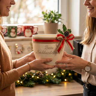 Personalisierter Blumentopf mit Gravur — Geschenk Sachbearbeiterin Abschied — als persoenliche Geschenk-Uebergabe