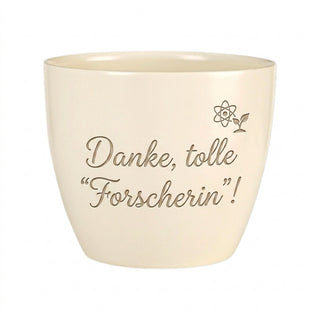 Personalisierter Blumentopf mit Gravur — Danke Geschenk für Forscherinnen — Detailansicht der Lasergravur