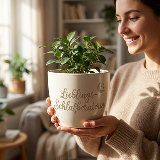Personalisierter Blumentopf mit Gravur — Geschenk Schlafberaterin Danke Abschied — im Wohnambiente