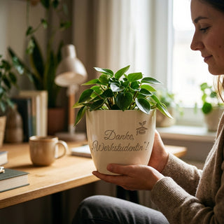 Personalisierter Blumentopf mit Gravur — Geschenk Werkstudentin zum Abschied — im Wohnambiente