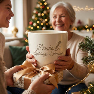 Personalisierter Blumentopf mit Gravur — Geschenk Podcaster Dankeschön — als persoenliche Geschenk-Uebergabe