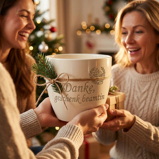 Personalisierter Blumentopf mit Gravur — Geschenk Beamtin Abschied Ruhestand — als persoenliche Geschenk-Uebergabe