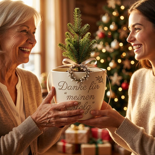 Personalisierter Blumentopf mit Gravur — Geschenk Personal Trainerin — als persoenliche Geschenk-Uebergabe
