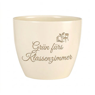 Personalisierter Blumentopf mit Gravur — Geschenk Referendarin Klassenzimmer — Detailansicht der Lasergravur