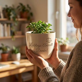 Personalisierter Blumentopf mit Gravur — Geschenk Rechtsanwalt Danke — im Wohnambiente