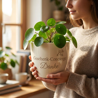 Personalisierter Blumentopf mit Gravur — Danke an deinen Geschenk-Concierge — im Wohnambiente