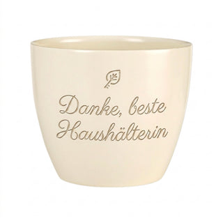 Personalisierter Blumentopf mit Gravur — Danke Geschenk Haushälterin — Detailansicht der Lasergravur