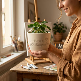Personalisierter Blumentopf mit Gravur — Geschenk für Hobbymaler — im Wohnambiente