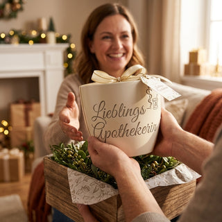 Personalisierter Blumentopf mit Gravur — Geschenk für Apothekerin — geschenk_uebergabe