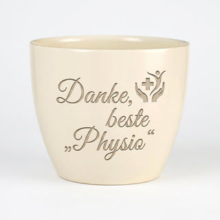 Personalisierter Blumentopf mit Gravur — Danke Geschenk für Physiotherapeutin — Detailansicht der Lasergravur