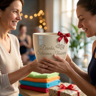 Personalisierter Blumentopf mit Gravur — Danke Geschenk Schwimm-Trainer — als persoenliche Geschenk-Uebergabe