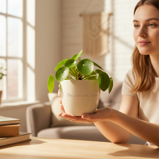 Personalisierter Blumentopf mit Gravur — Geschenk Backend Entwickler — im Wohnambiente