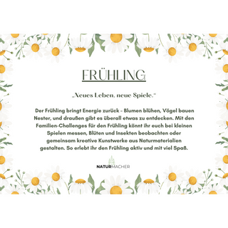 Familien-Natur-Challenges Frühling PDF mit Gänseblümchen-Design, Naturmacher. Abenteuer für jede Jahreszeit.