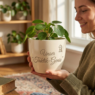 Personalisierter Blumentopf — Geschenk Fußballtrainer Abschied Saisonende — im Wohnambiente