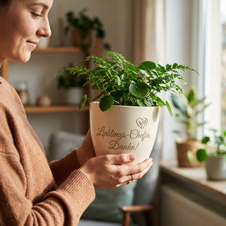 Personalisierter Blumentopf mit Gravur — Geschenk Geschäftsführerin — im Wohnambiente