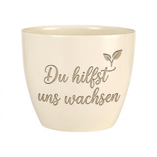 Personalisierter Blumentopf mit Gravur — Geschenk Familienhelfer Danke — Detailansicht der Lasergravur