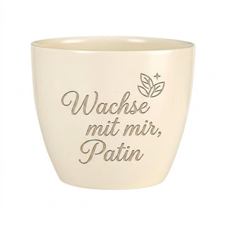 Personalisierter Blumentopf mit Gravur — Geschenk Taufpatin zur Taufe — Detailansicht der Lasergravur