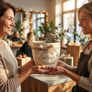 Personalisierter Blumentopf mit Gravur — Danke Geschenk für Friseuse — als persoenliche Geschenk-Uebergabe