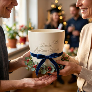 Personalisierter Blumentopf mit Gravur — Geschenk Gymnasiallehrer Abschied — als persoenliche Geschenk-Uebergabe