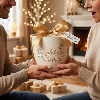 Personalisierter Blumentopf mit Gravur — Geschenk Wachmann Sicherheitsdienst — als persoenliche Geschenk-Uebergabe