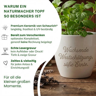 Blumentopf mit Gravur 'Wachsende Wertschätzung, süße Ernte' als Geschenkidee für Imkerinnen.