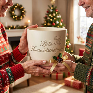 Personalisierter Blumentopf mit Gravur — Geschenk Hauswirtschafterin — als persoenliche Geschenk-Uebergabe