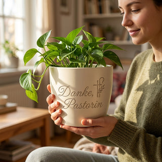 Personalisierter Blumentopf mit Gravur — Geschenk Pastorin zur Verabschiedung — im Wohnambiente