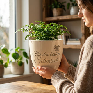 Personalisierter Blumentopf mit Gravur — Geschenk für Schmied & Metallbauer — im Wohnambiente