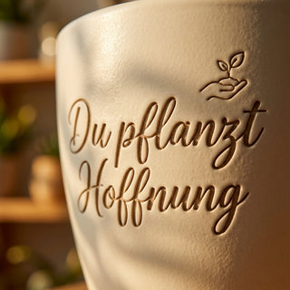 Blumentopf mit Gravur „Du pflanzt Hoffnung“ — Geschenk Sozialpädagoge Abschied — Detailaufnahme