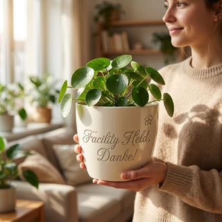 Personalisierter Blumentopf — Geschenk Facility Manager Abschied Dankeschön — im Wohnambiente