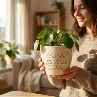 Personalisierter Blumentopf mit Gravur — Danke-Geschenk Steuerberaterin — im Wohnambiente