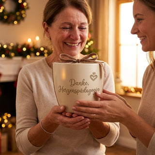 Personalisierter Blumentopf mit Gravur — Geschenk Sonderpädagogin Danke — als persoenliche Geschenk-Uebergabe