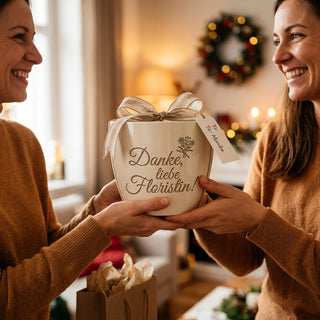 Personalisierter Blumentopf mit Gravur — Geschenk für Floristin zum Dankeschön — als persoenliche Geschenk-Uebergabe