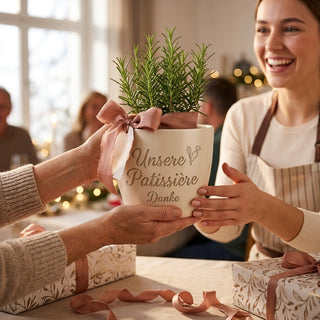 Personalisierter Blumentopf mit Gravur — Geschenk für Patissière — als persoenliche Geschenk-Uebergabe