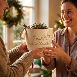 Personalisierter Blumentopf mit Gravur — Danke Geschenk Seniorenbetreuerin — als persoenliche Geschenk-Uebergabe