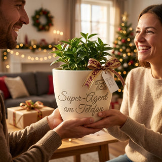 Personalisierter Blumentopf mit Gravur — Geschenk für Callcenter Agent — als persoenliche Geschenk-Uebergabe