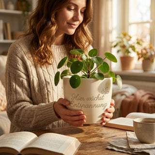 Personalisierter Blumentopf mit Gravur — Geschenk Spa Managerin zum Geburtstag — im Wohnambiente