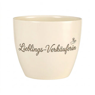 Personalisierter Blumentopf mit Gravur — Geschenk Einzelhandelskauffrau Abschied — Detailansicht der Lasergravur