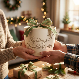 Personalisierter Blumentopf mit Gravur — Geschenk Waldarbeiter Pensionierung — als persoenliche Geschenk-Uebergabe
