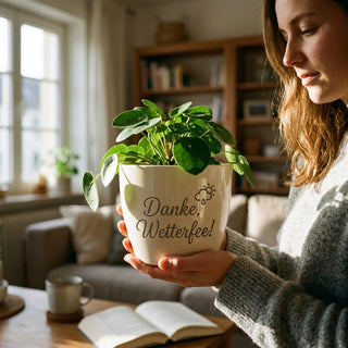 Personalisierter Blumentopf „Danke, Wetterfee!" — Geschenk Wetterfee Abschied — im Wohnambiente