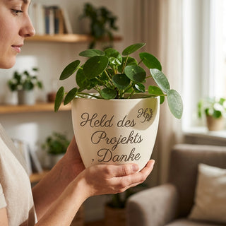 Personalisierter Blumentopf mit Gravur 'Held des Projekts' — Geschenk Projektleiter — im Wohnambiente